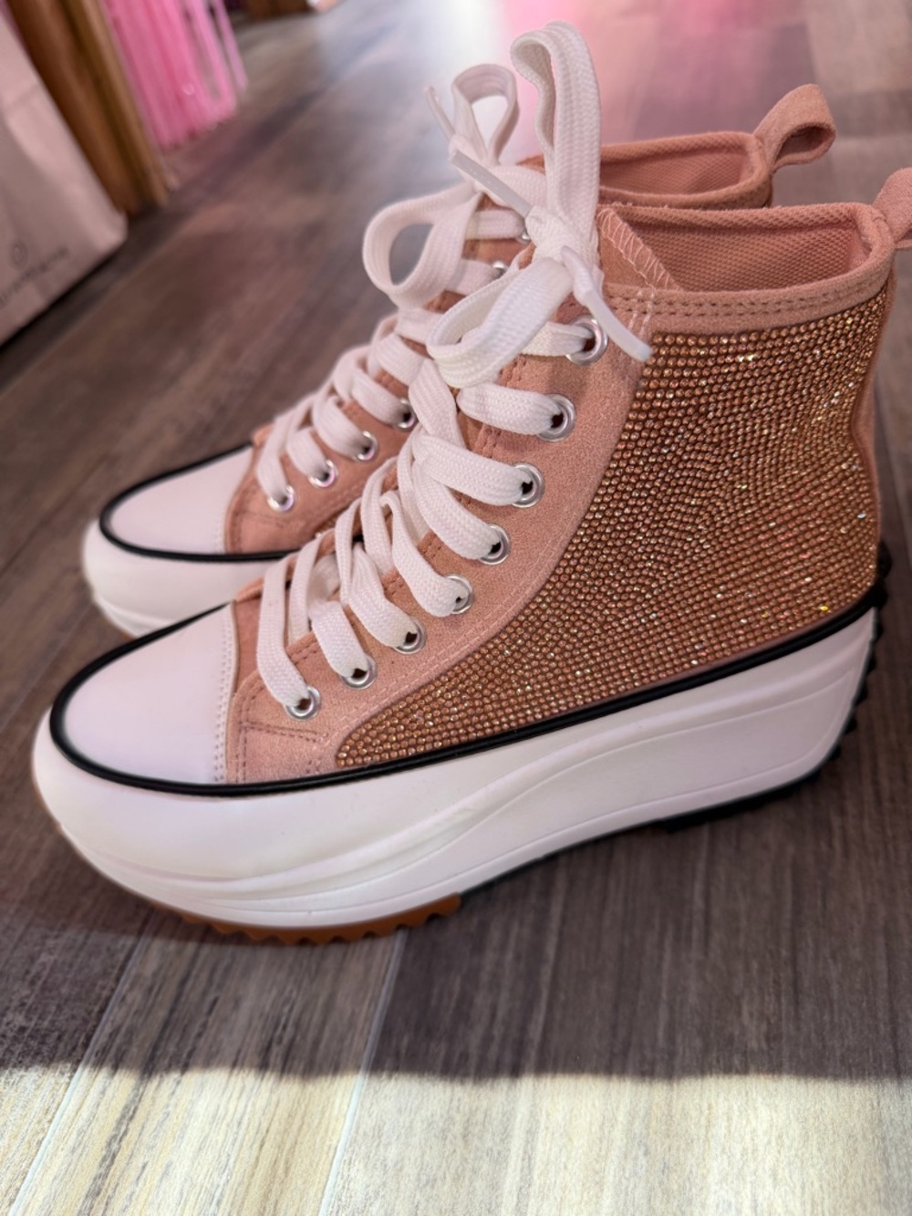 NEW Women’s Size 7 Platform High-Top Sneakers in Blush Pink with Crystal Detail